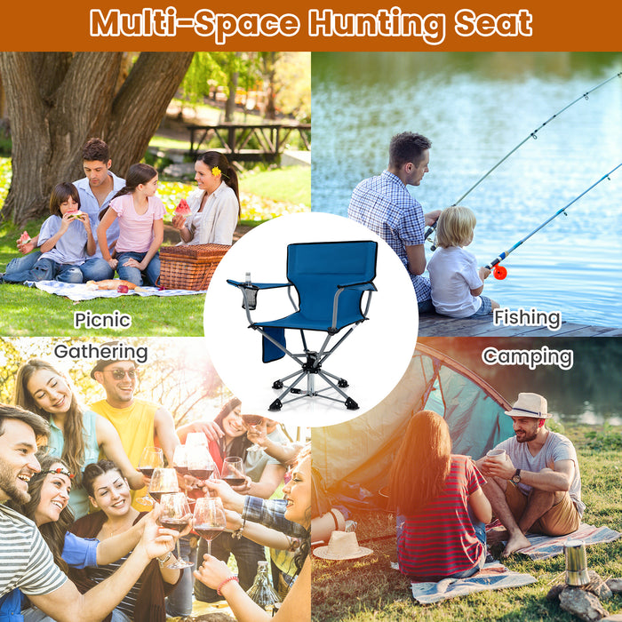 360Â° Swivel Hunting Chair Portable Foldable Hunting Chair with Mesh Cup Holder and Storage Pockets-Blue