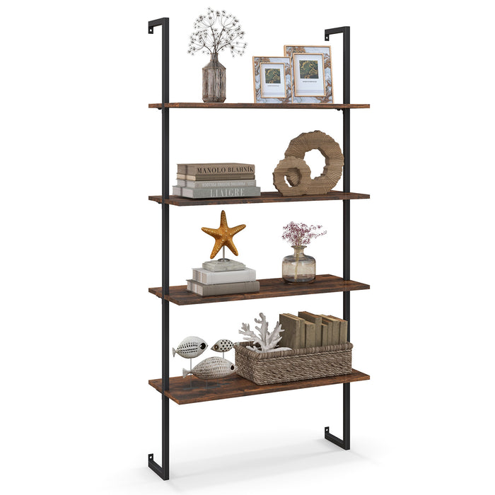 4-Tier Industrial Ladder Bookshelf with Metal Frame-Coffee