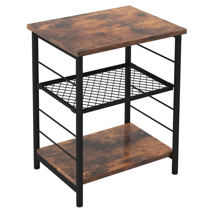 3-Tier Industrial Side Table with Adjustable Mesh Shelf-Rustic Brown