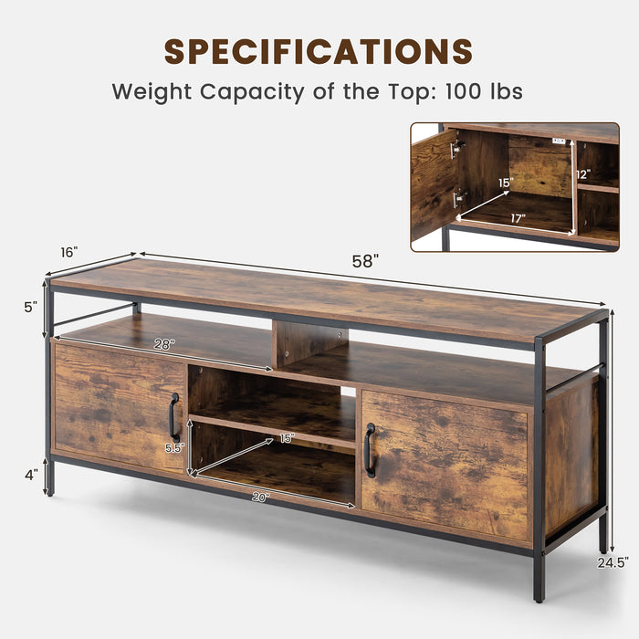 58 Inch Industrial TV Stand with Cabinets and Adjustable Shelf for TVs up to 65 Inch-Rustic Brwon