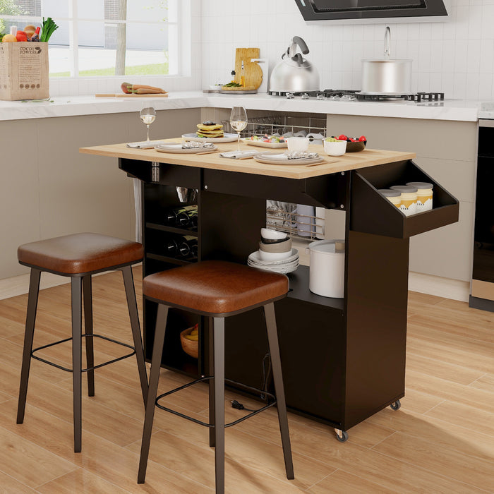 Drop Leaf Mobile Kitchen Island Cart with Power Outlet and Adjustable Shelf-Black and Natural