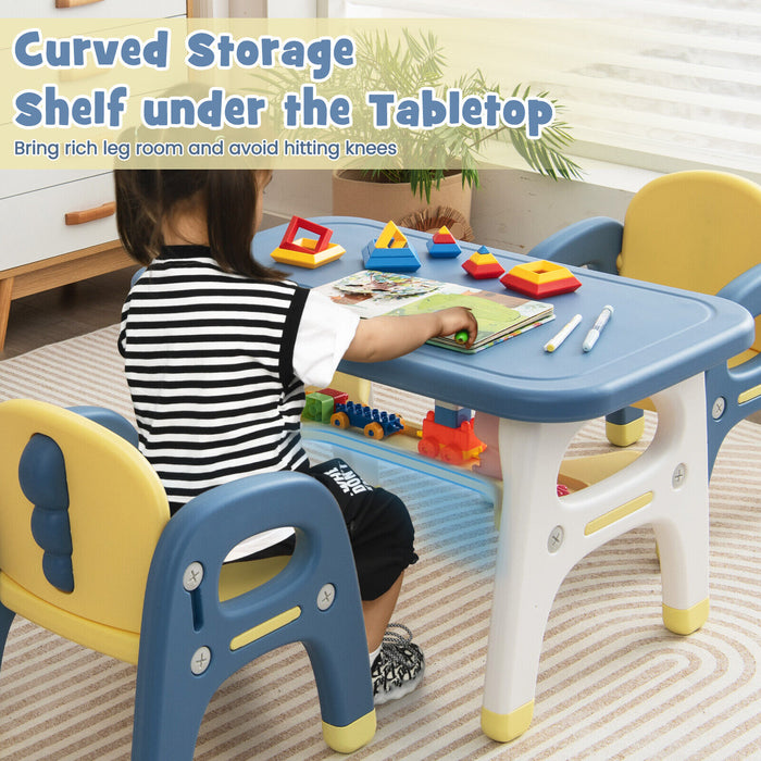 Kids Table and 2 Chairs Set with Storage Shelf and Building Blocks-Blue