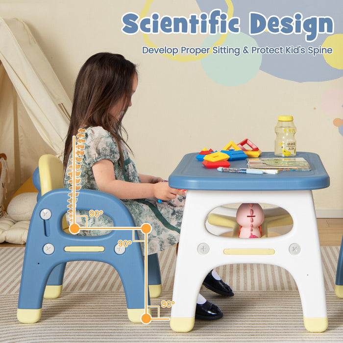 Kids Table and 2 Chairs Set with Storage Shelf and Building Blocks-Blue