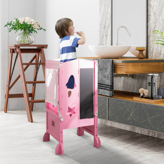 Wooden Folding Kids Kitchen Step Stool with 2-Level Adjustable Height-Pink