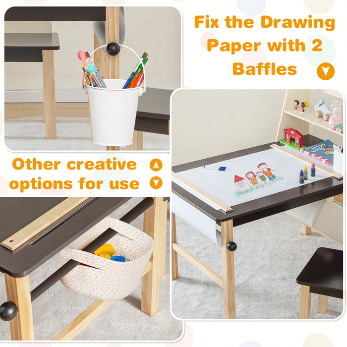 Kids Art Table and Chairs Set with Paper Roll and Storage Bins-Coffee