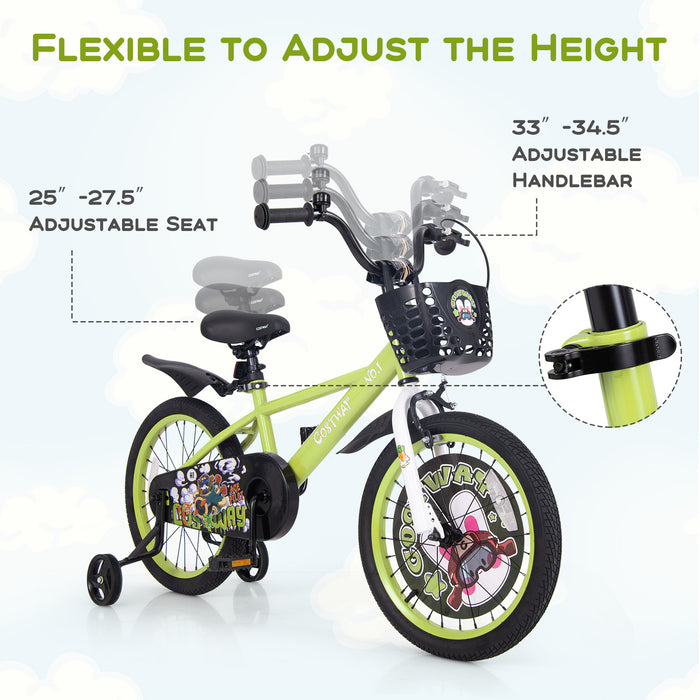 18 Inch Kids Bike Adjustable with Detachable Training Wheels for 4-8 Years Old-18 inches