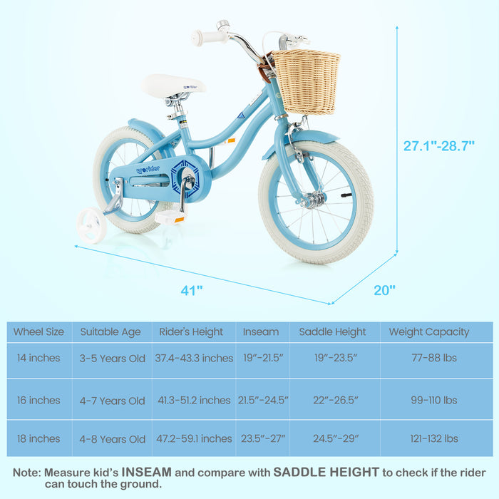 14-Inch Kids Bike with Training Wheels and Adjustable Handlebar Seat-Blue