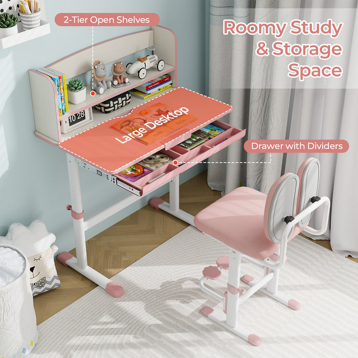 Kids Desk and Chair Set with Adjustable Height and Tilted Desktop-Pink