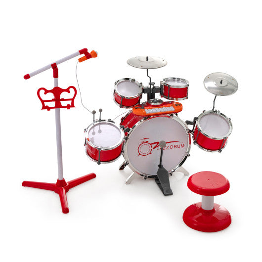 Kids Jazz Drum Keyboard Set with Stool and Microphone Stand-Red