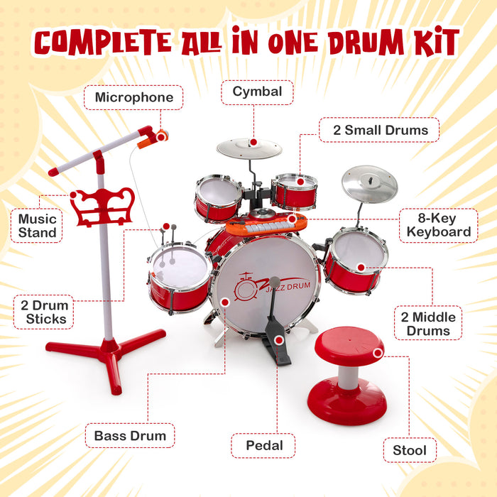 Kids Jazz Drum Keyboard Set with Stool and Microphone Stand-Red