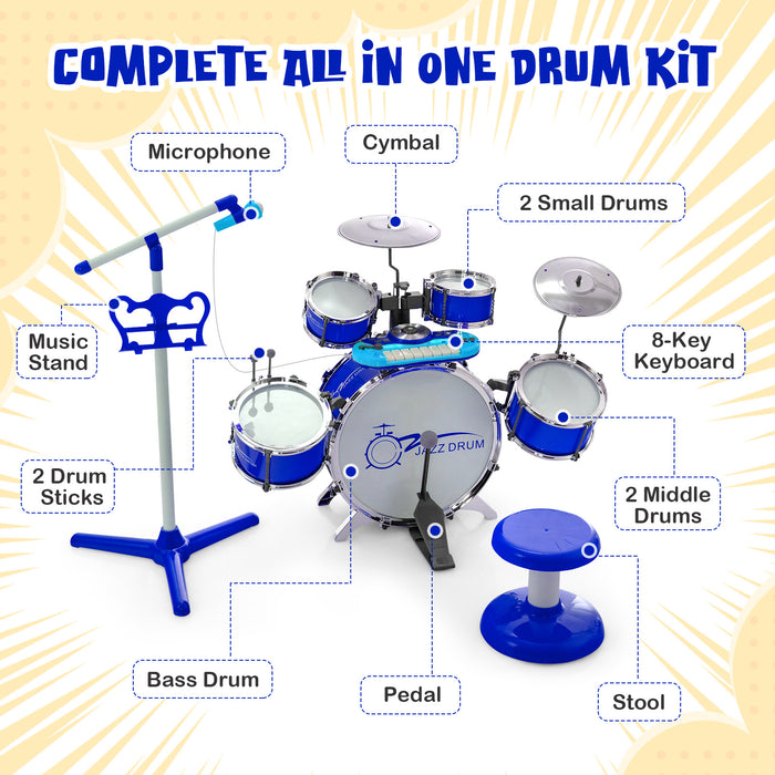 Kids Jazz Drum Keyboard Set with Stool and Microphone Stand-Blue