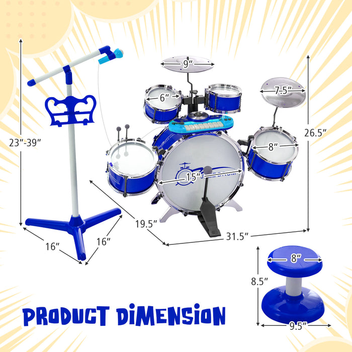 Kids Jazz Drum Keyboard Set with Stool and Microphone Stand-Blue