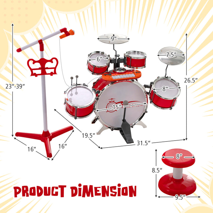 Kids Jazz Drum Keyboard Set with Stool and Microphone Stand-Red