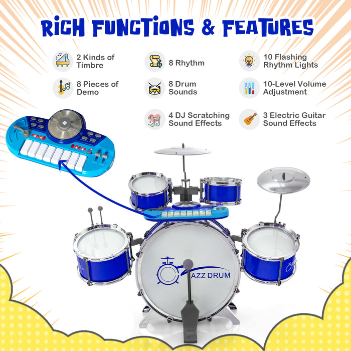 Kids Jazz Drum Keyboard Set with Stool and Microphone Stand-Blue