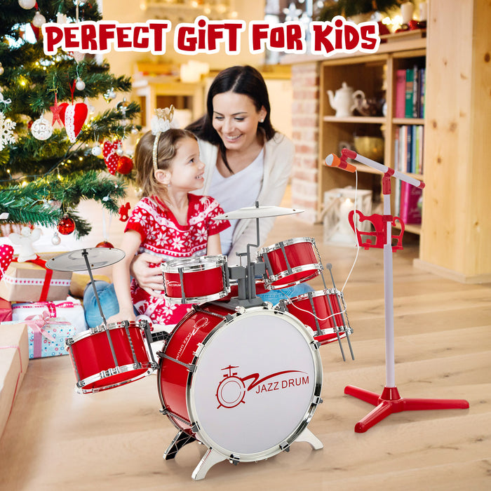 Kids Jazz Drum Keyboard Set with Stool and Microphone Stand-Red