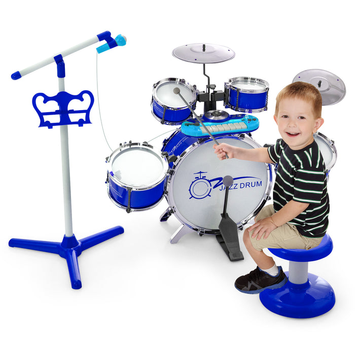 Kids Jazz Drum Keyboard Set with Stool and Microphone Stand-Blue