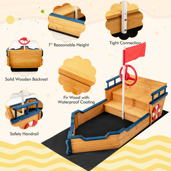 Kids Pirate Boat Wooden Sandbox Children Outdoor Playset