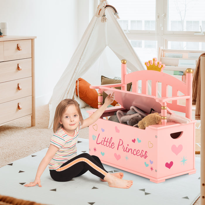 2-In-1 Kids Princess Wooden Toy Box with Safe Hinged Lid-Pink