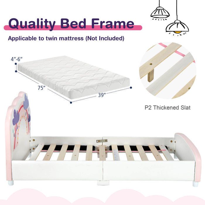 Kids Twin Size Upholstered Platform Wooden Bed with Rainbow Pattern