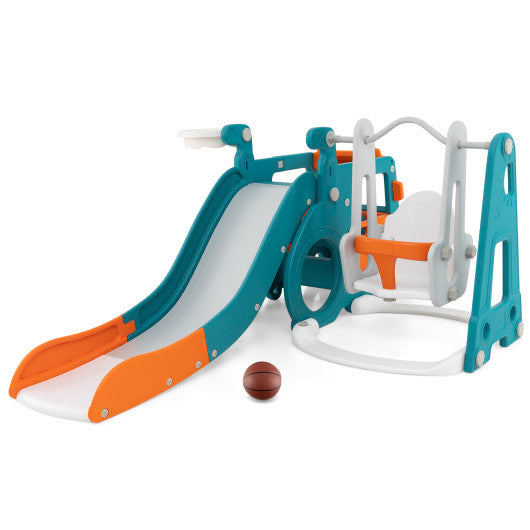 5-in-1 Kids Slide and Swing Set with Mini Bus and Basketball Hoop-Multicolor