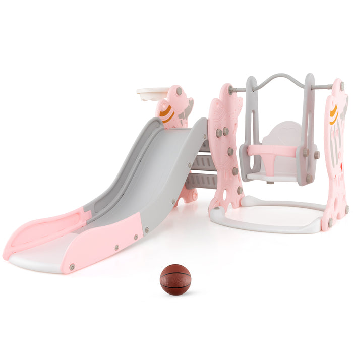 4-in-1 Kids Slide and Swing Set with Basketball Hoop-Pink