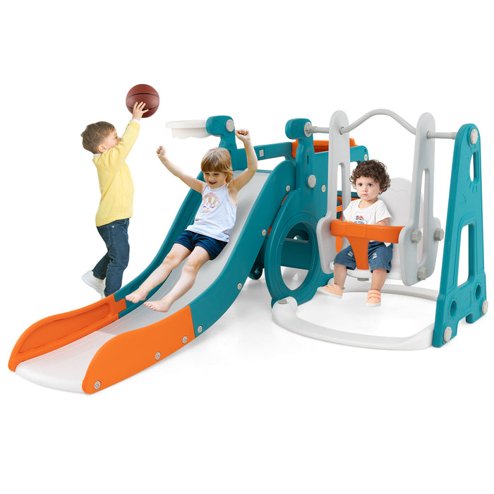 5-in-1 Kids Slide and Swing Set with Mini Bus and Basketball Hoop-Multicolor