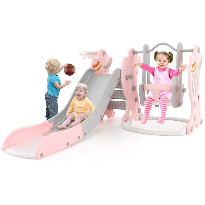 4-in-1 Kids Slide and Swing Set with Basketball Hoop-Pink