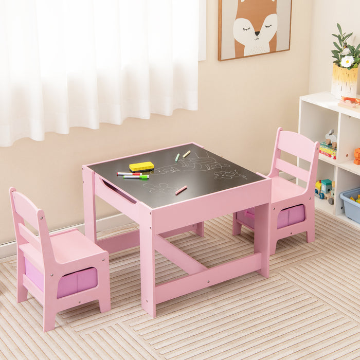 Kids Table Chairs Set With Storage Boxes Blackboard Whiteboard Drawing-Pink