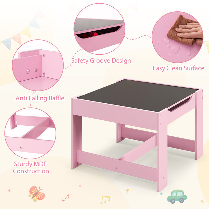 Kids Table Chairs Set With Storage Boxes Blackboard Whiteboard Drawing-Pink