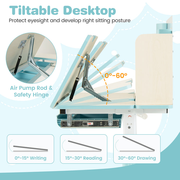 Height Adjustable Children School Home Study Table and Chair Set with Tilted Desktop for 3-12 Years Old-Blue