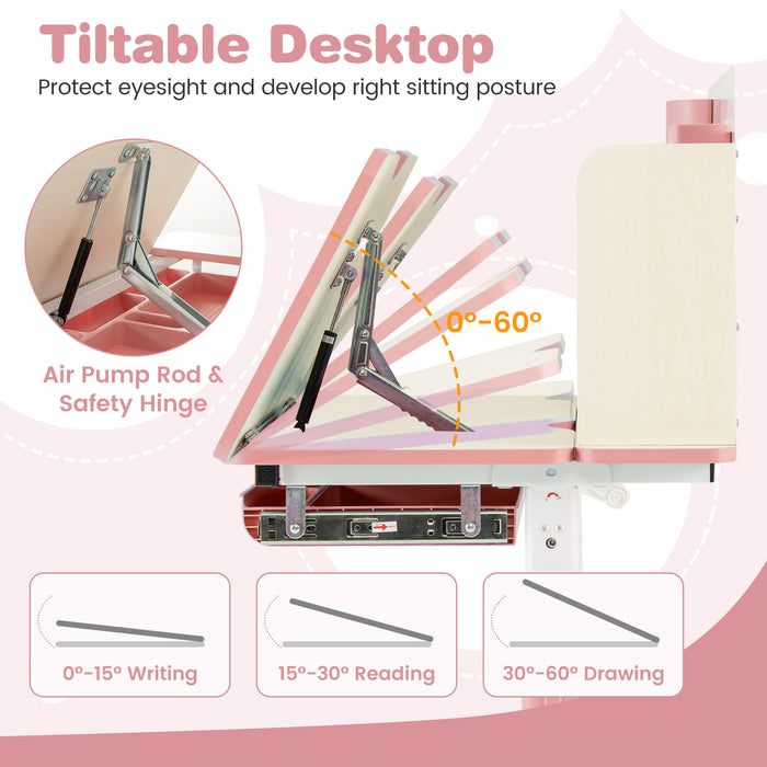 Height Adjustable Children School Home Study Table and Chair Set with Tilted Desktop for 3-12 Years Old-Pink