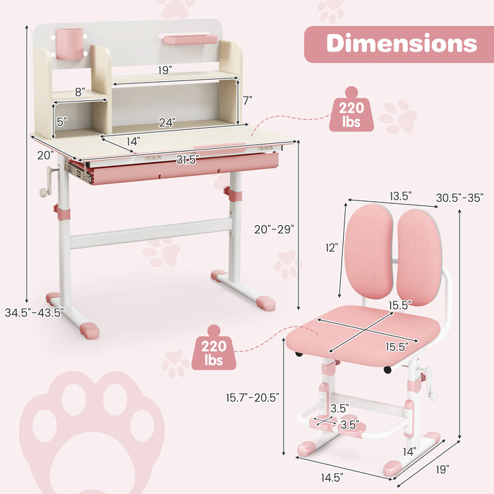 Height Adjustable Children School Home Study Table and Chair Set with Tilted Desktop for 3-12 Years Old-Pink