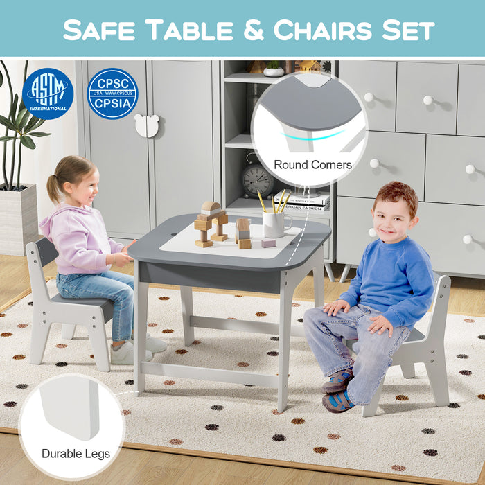 Kid's Table and Chairs Set with Double-sized Tabletop-Gray