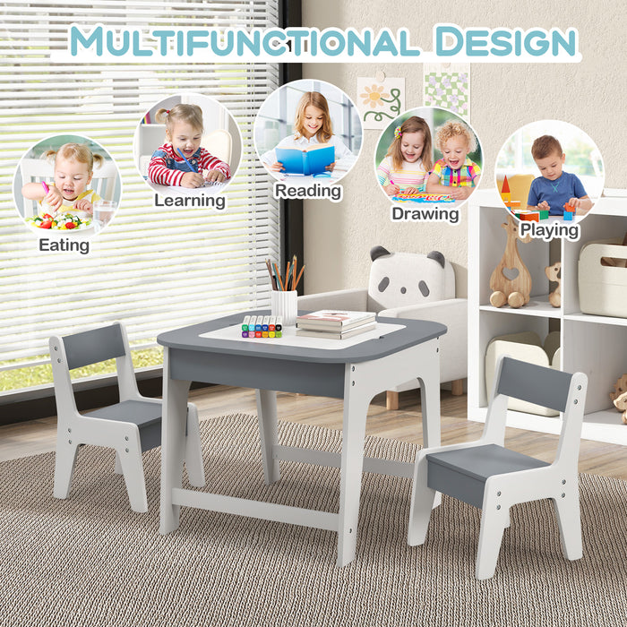 Kid's Table and Chairs Set with Double-sized Tabletop-Gray