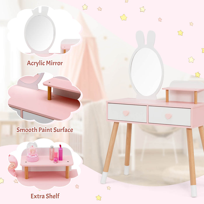 2 in 1 Wooden Princess Kids Vanity Set with Mirror-White