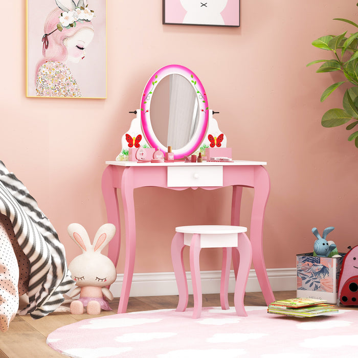 Kids Vanity Table and Stool Set with 360Â° Rotating Mirror and Whiteboard-Pink