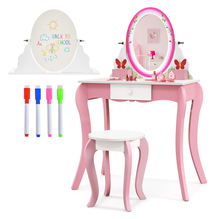 Kids Vanity Table and Stool Set with 360Â° Rotating Mirror and Whiteboard-Pink