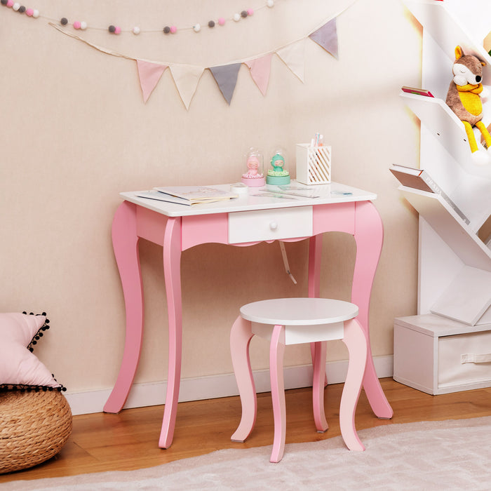 Kids Vanity Table and Stool Set with 360Â° Rotating Mirror and Whiteboard-Pink