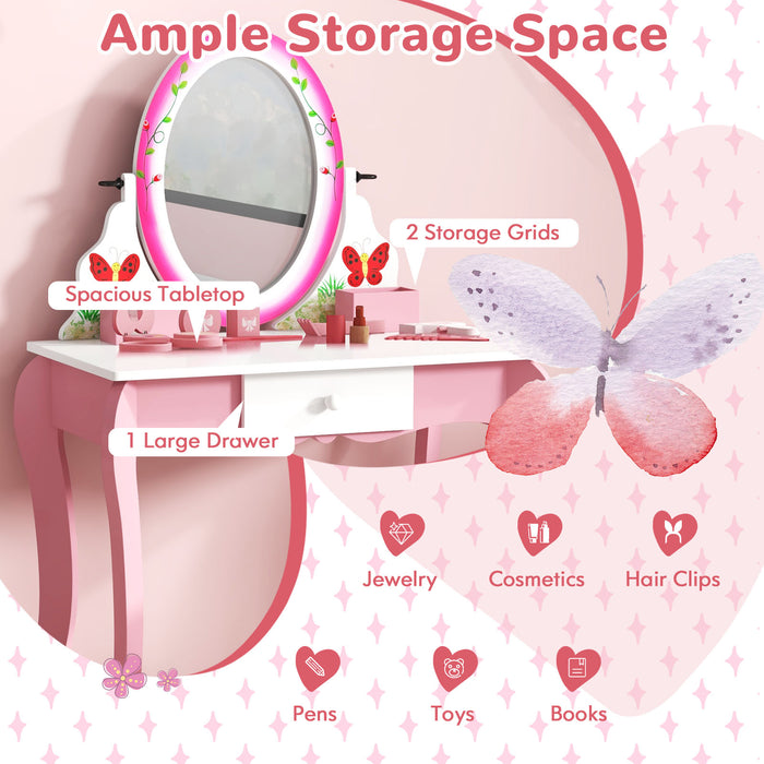 Kids Vanity Table and Stool Set with 360Â° Rotating Mirror and Whiteboard-Pink