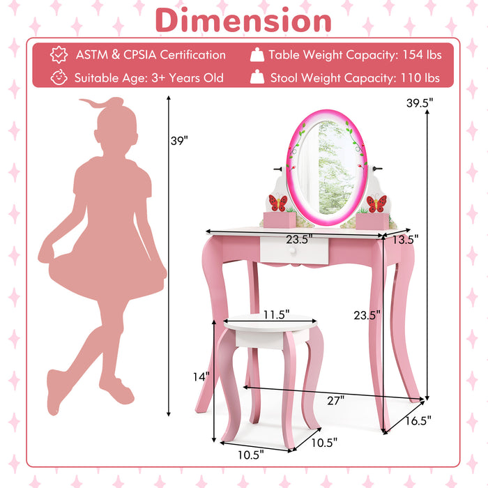 Kids Vanity Table and Stool Set with 360Â° Rotating Mirror and Whiteboard-Pink