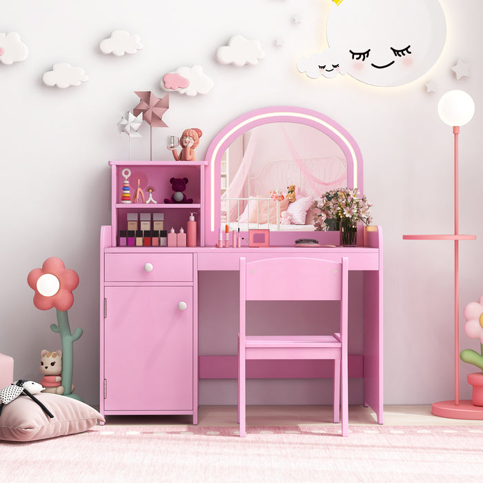 Kids Vanity Table and Chair Set with Shelves Drawer and Cabinet-Pink