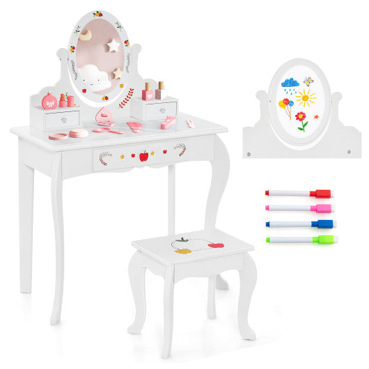 Kids Vanity and Stool Set with 360Â° Rotatable Mirror and Whiteboard-White