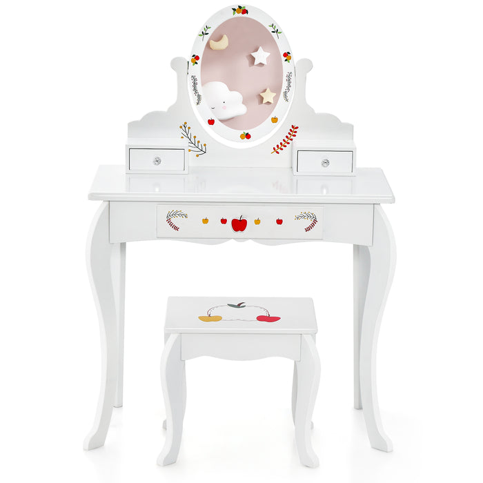 Kids Vanity and Stool Set with 360Â° Rotatable Mirror and Whiteboard-White