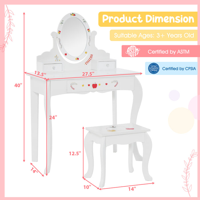 Kids Vanity and Stool Set with 360Â° Rotatable Mirror and Whiteboard-White