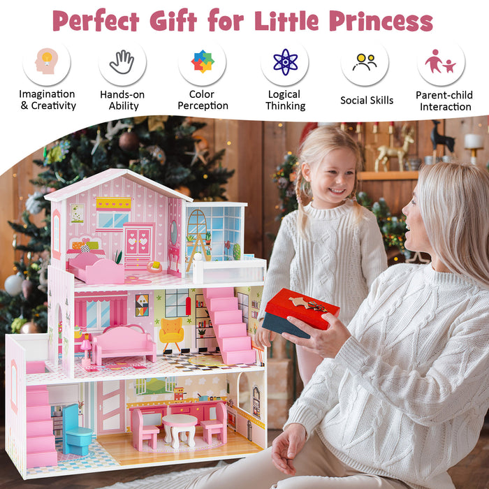 Kids Wooden Dollhouse Playset with 5 Simulated Rooms and 10 Pieces of Furniture-Pink