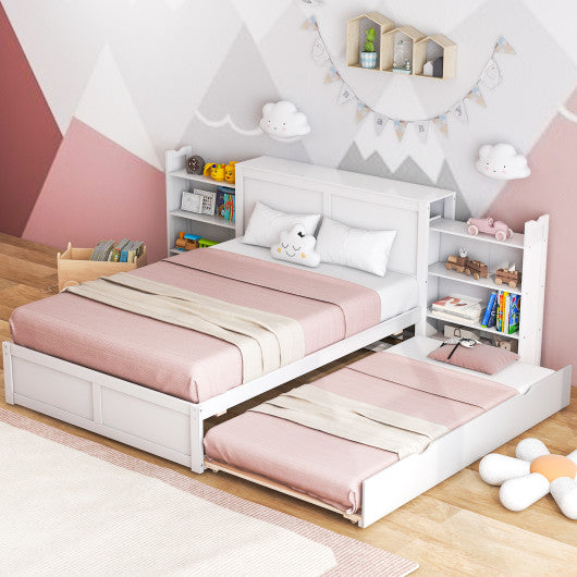 Twin/Full Kids Wooden Platform Bed with Trundle Storage Headboard-Full Size