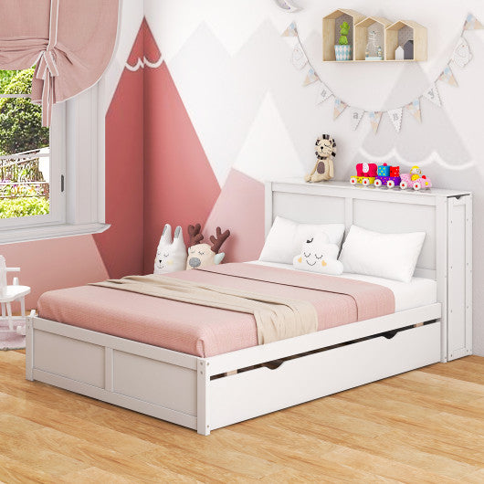 Twin/Full Kids Wooden Platform Bed with Trundle Storage Headboard-Full Size