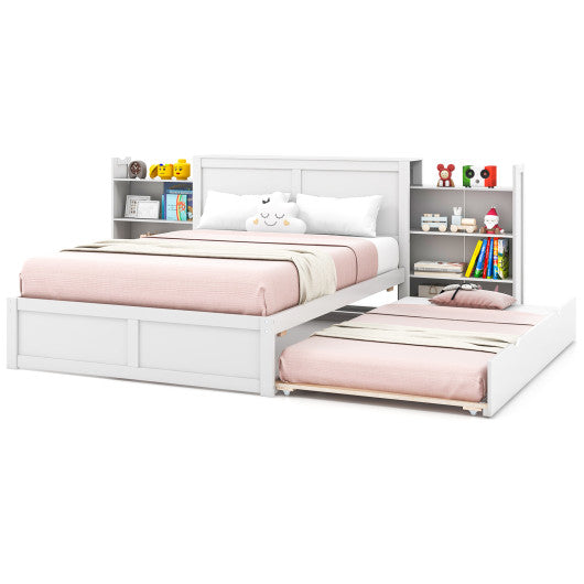 Twin/Full Kids Wooden Platform Bed with Trundle Storage Headboard-Full Size