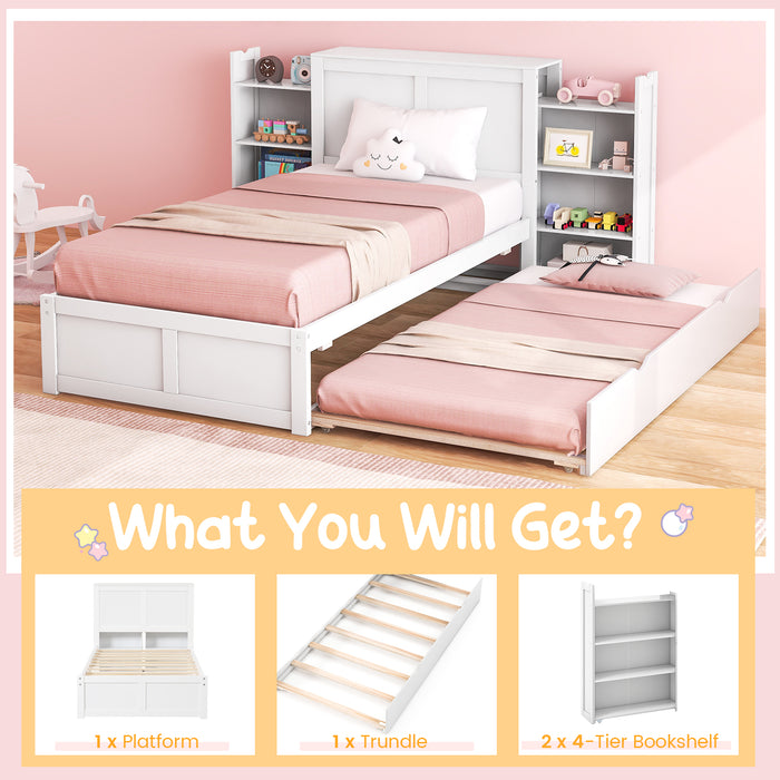 Twin/Full Kids Wooden Platform Bed with Trundle Storage Headboard-Twin Size