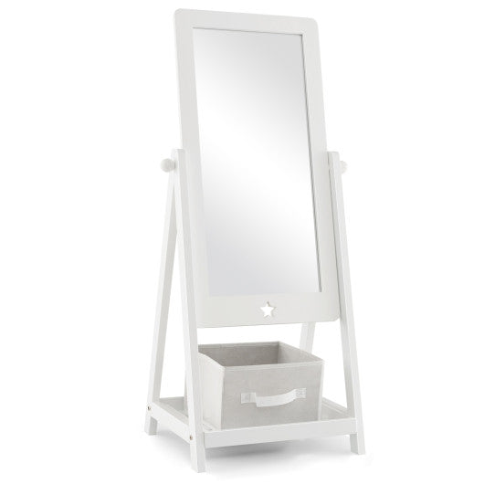 Kids Full Length Wooden Standing Mirror with Bottom Shelf and Foldable Storage Bin-White